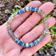 BLUE KYANITE & LABRADORITE Bracelet, Silver Stretch Beaded, Natural Stone Crystal Gemstone