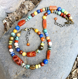 BOHO FIESTA NECKLACE & Bracelet Set, featuring Carnelian Agate + other Gemstones, Antiqued Brass Adjustable Chain, Crystal Natural Stone