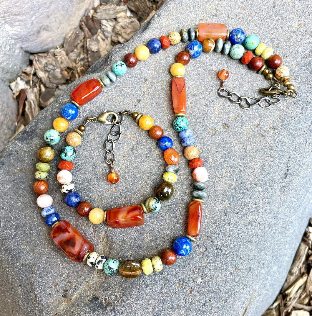 BOHO FIESTA NECKLACE & Bracelet Set, featuring Carnelian Agate + other Gemstones, Antiqued Brass Adjustable Chain, Crystal Natural Stone