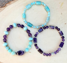PERUVIAN AMAZONITE & AMETHYST Bracelet Stack, Natural Stone Gemstone Crystal, Stretch Beaded
