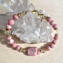 RHODOCHROSITE BRACELET with Clear Quartz & Gold Accents, Adjustable Clasp, Beaded, Pink Natural Stone Crystal Gemstone