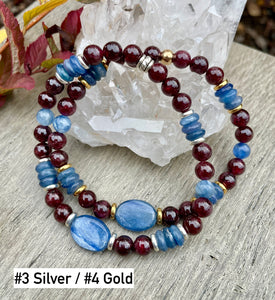 Blue KYANITE & Red GARNET BRACELET, Choice, Silver or Gold, Natural Stone Gemstone Crystal, Beaded Stretch