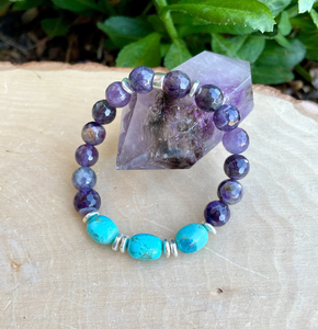 KINGMAN TURQUOISE & AMETHYST Bracelet, Stretch, Beaded, Silver, Natural Stone Gemstone Crystal Quartz