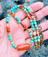 CARNELIAN AGATE & TURQUOISE Necklace, 20-22", Antiqued Brass Adjustable Chain, Genuine Natural Stone, Gemstone