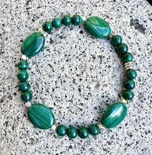 MALACHITE & SILVER BRACELET Beaded Stretch, Emerald Green Crystal Natural Stone Gemstone