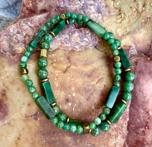 AFRICAN GREEN JADE Bracelet Duo Stack with Rustic Brass, Natural Stone Gemstone, Crystal Stretch Bracelets, Set of 2