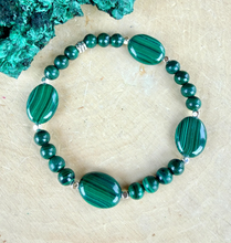MALACHITE & SILVER BRACELET Beaded Stretch, Emerald Green Crystal Natural Stone Gemstone