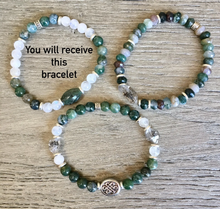 MOSS AGATE & RAINBOW Moonstone Bracelet, Stretch, Natural Stone Gemstone, Green and White Crystal