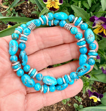 KINGMAN TURQUOISE BRACELET with Silver, Stretch, Blue Round & Pebble, Beaded, Genuine, Crystal Natural Stone Gemstone