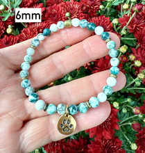 GREEN TREE AGATE Bracelet with Dog Paw Charm, Gold, Stretch, Gemstone Crystal Stone, Dog Lovers Gift