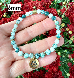 GREEN TREE AGATE Bracelet with Dog Paw Charm, Gold, Stretch, Gemstone Crystal Stone, Dog Lovers Gift