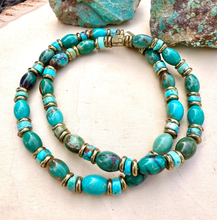 TURQUOISE & BRASS BRACELET, Blue Green, Stretch Beaded, Genuine, Crystal Natural Stone Gemstone, Small Bead