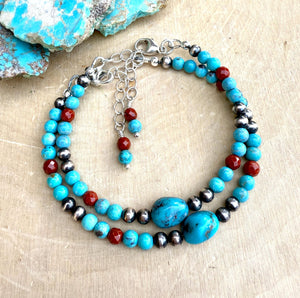 KINGMAN TURQUOISE BRACELET Blue, Sterling Silver Pearls & Clasp, Minimalist, Beaded, Genuine, Crystal Natural Stone Gemstone, Small Bead