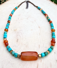 CARNELIAN AGATE & TURQUOISE Necklace, 20-22", Antiqued Brass Adjustable Chain, Genuine Natural Stone, Gemstone