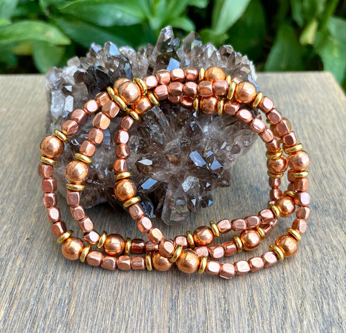 COPPER CUBE BRACELET, with Gold Accents, Stretch, Beaded, 6