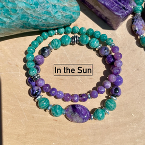 CHAROITE & AMAZONITE BRACELET, Choice 6mm or 8mm, Russian Natural Stone, Beaded, Stretch, Gemstone Crystal