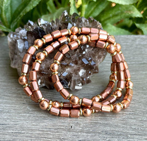 COPPER BEAD BRACELET, with Gold Accents, Stretch, Beaded, 6"-8.5", Healing Mineral