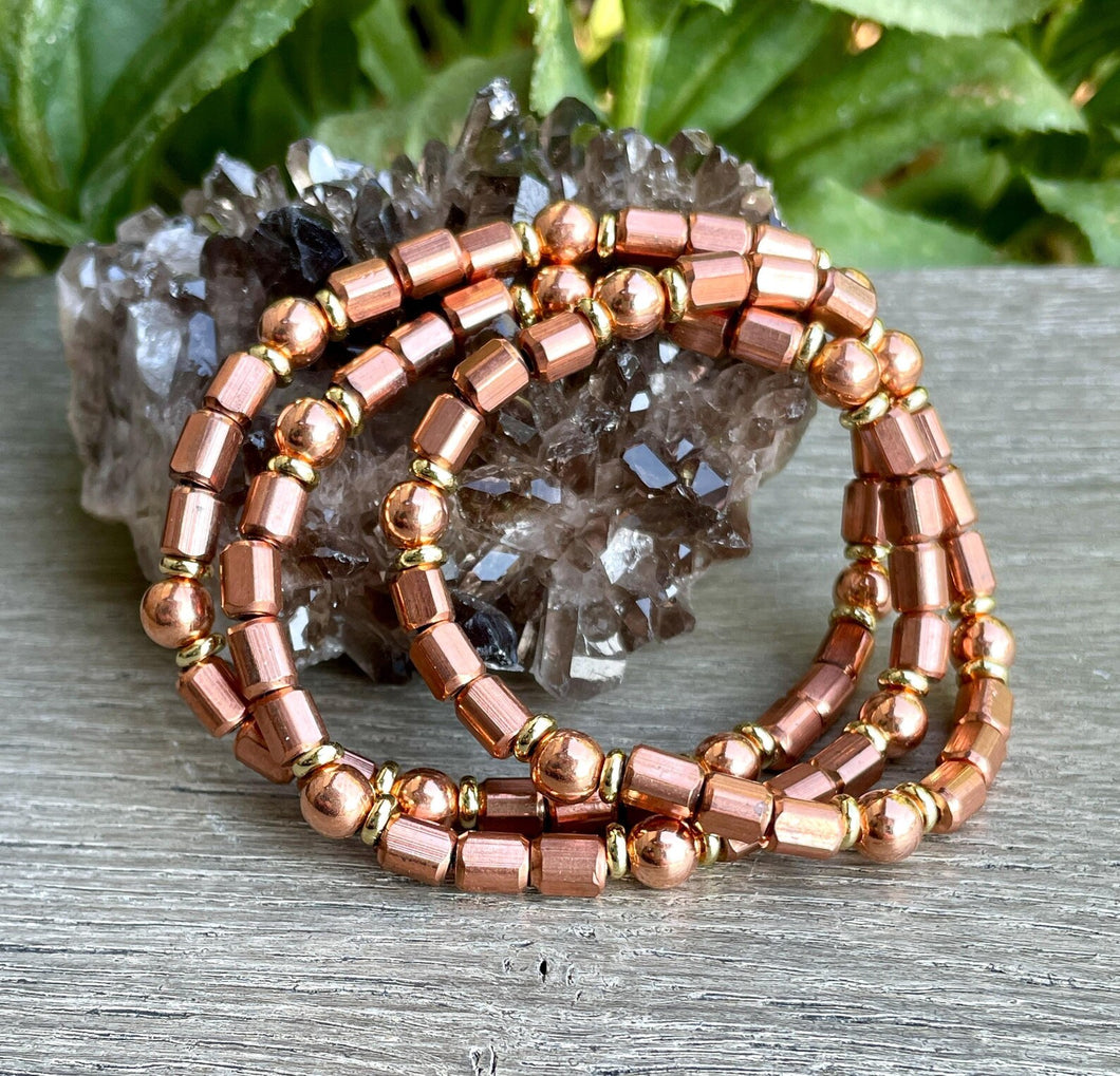 COPPER BEAD BRACELET, with Gold Accents, Stretch, Beaded, 6