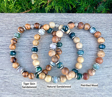 MOSS AGATE & WOOD Bracelet, Choice, Petrified Wood, Natural or Tiger Skin Sandalwood, Silver, Stretch, Earthy Green Gemstone