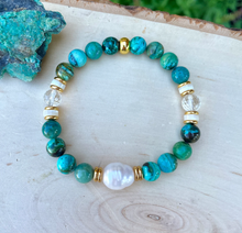 CHRYSOCOLLA BRACELET, Choice Clasp or Stretch, AAA Arizona Gemstone, Gold Accents, Pearl, Clear Quartz, Crystal Natural Stone