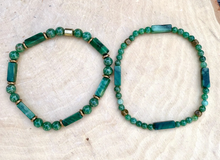 AFRICAN GREEN JADE Bracelet Duo Stack with Rustic Brass, Natural Stone Gemstone, Crystal Stretch Bracelets, Set of 2