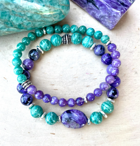 CHAROITE & AMAZONITE BRACELET, Choice 6mm or 8mm, Russian Natural Stone, Beaded, Stretch, Gemstone Crystal