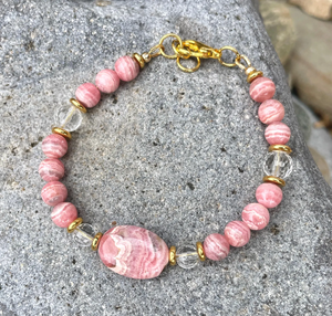 RHODOCHROSITE BRACELET with Clear Quartz & Gold Accents, Adjustable Clasp, Beaded, Pink Natural Stone Crystal Gemstone