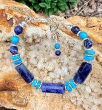 SODALITE & KINGMAN TURQUOISE Bracelet, Silver, Adjustable, Clasp, Beaded, Natural Stone Crystal Gemstone
