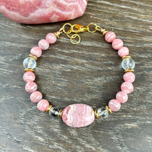 RHODOCHROSITE BRACELET with Clear Quartz & Gold Accents, Adjustable Clasp, Beaded, Pink Natural Stone Crystal Gemstone