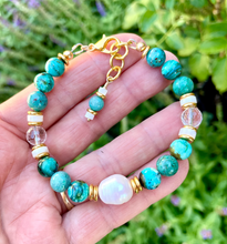 CHRYSOCOLLA BRACELET, Choice Clasp or Stretch, AAA Arizona Gemstone, Gold Accents, Pearl, Clear Quartz, Crystal Natural Stone