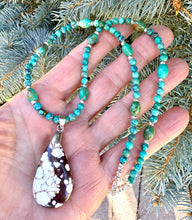 GENUINE TURQUOISE NECKLACE with Wild Horse Jasper Pendant, Beaded, Silver, Adjustable 18"-20"a