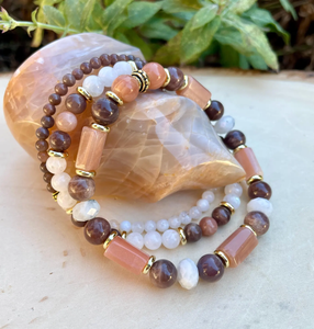 MOONSTONE BRACELET STACK, Rainbow, Chocolate, Peach, with Gold Accents, Natural Stone, Gemstone Crystal, Set of 3 Stretch Bracelets