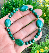 MALACHITE & SILVER BRACELET Beaded Stretch, Emerald Green Crystal Natural Stone Gemstone