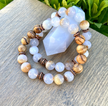 BLUE CHALCEDONY BRACELET Choice with Tiger Skin Sandalwood, Namibia Natural Stone with Golden Matrix, 10mm Stretch Beaded Gemstone Crystal