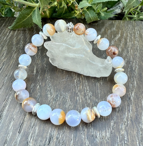 BLUE CHALCEDONY BRACELET with Silver, Namibia Natural Stone, Golden Matrix, 8mm Stretch Beaded Gemstone Crystal