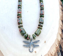 DRAGONFLY UNAKITE NECKLACE, Sterling Silver, 20", Beaded, Natural Stone Gemstone Crystal Jewelry