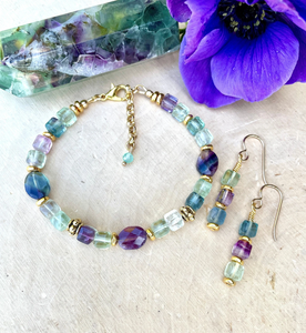 FACETED FLUORITE BRACELET & Dangle Earrings, Choice, Gold Accents, Adjustable 7"-8", Beaded Natural Stone Gemstone Crystal, Multi-Colored