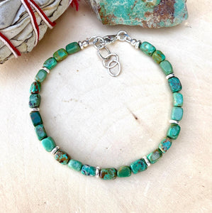 TURQUOISE SILVER BRACELET Green, Clasp, Minimalist, Beaded, Genuine, Crystal Natural Stone Gemstone, Small Bead