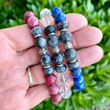 THULITE, LAPIS LAZULI & Clear Quartz Bracelet Stack, with Larvikite and Silver, 10mm Beaded, Stretch, Genuine Natural Stone Gemstone