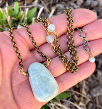 AQUAMARINE PENDANT NECKLACE with Brass, March Birthstone, Natural Stone Gemstone Crystal, adjustable