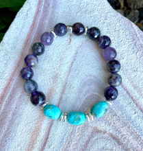 KINGMAN TURQUOISE & AMETHYST Bracelet, Stretch, Beaded, Silver, Natural Stone Gemstone Crystal Quartz