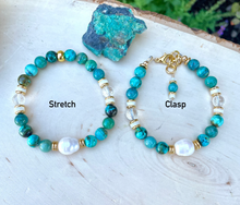 CHRYSOCOLLA BRACELET, Choice Clasp or Stretch, AAA Arizona Gemstone, Gold Accents, Pearl, Clear Quartz, Crystal Natural Stone