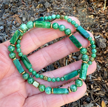 AFRICAN GREEN JADE Bracelet Duo Stack with Rustic Brass, Natural Stone Gemstone, Crystal Stretch Bracelets, Set of 2