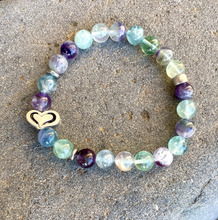 FLUORITE HEART BRACELET, 8mm, with silver, Natural Stone Gemstone Crystal, Stretch Beaded, Spiritual Gifts