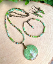 CHRYSOPRASE JEWELRY SET, 20" Necklace, Adjustable Bracelet & Dangling Earrings, Brass Accents, Australian Gemstone, Crystal Natural Stone