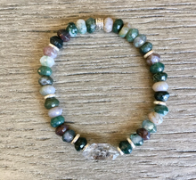 Herkimer Diamond & Moss Agate Bracelet, Stretch, Natural Gemstone Crystal