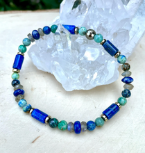 LAPIS LAZULI BRACELET with Azurite Chrysocolla, Labradorite & Pyrite, Beaded, Stretch, Natural Stone Crystal Gemstone, Blue Green