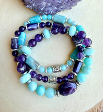 PERUVIAN AMAZONITE & AMETHYST Bracelet Stack, Natural Stone Gemstone Crystal, Stretch Beaded