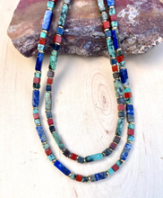 LAPIS LAZULI & AFRICAN TURQUOISE Necklace, Choice, 18", Beaded Cube Gemstone Strand with Gold Brass, Natural Stone Crystal