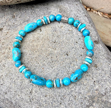 KINGMAN TURQUOISE BRACELET with Silver, Stretch, Blue Round & Pebble, Beaded, Genuine, Crystal Natural Stone Gemstone